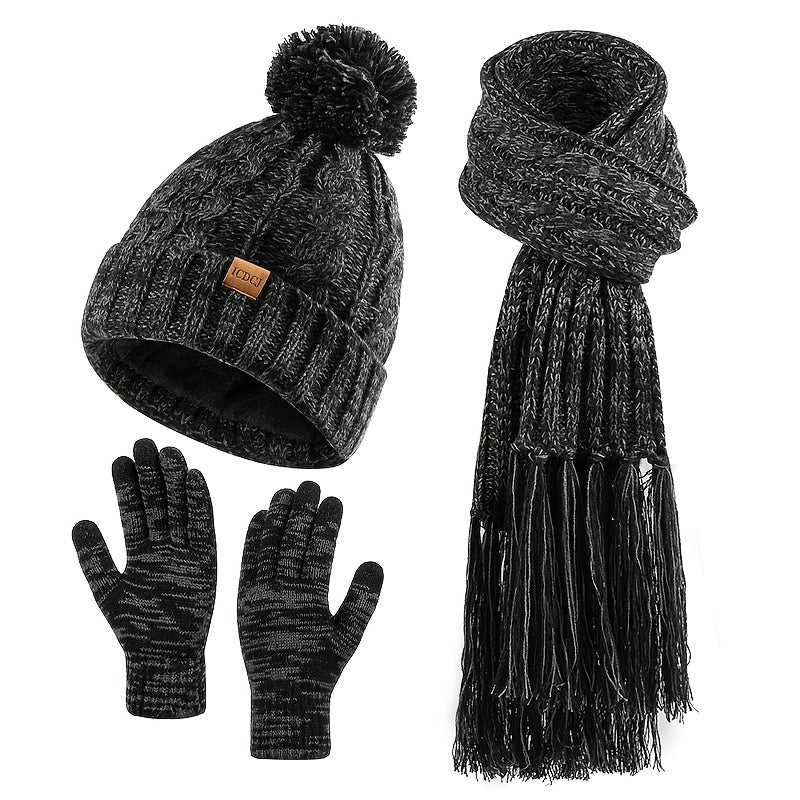 Elegant Women's Winter Knit Set: Beige Pom-Pom Hat, Tassel Scarf & Touchscreen Gloves - Fleece-Lined for Extra Warmth, Ideal Christmas & Thanksgiving Gift