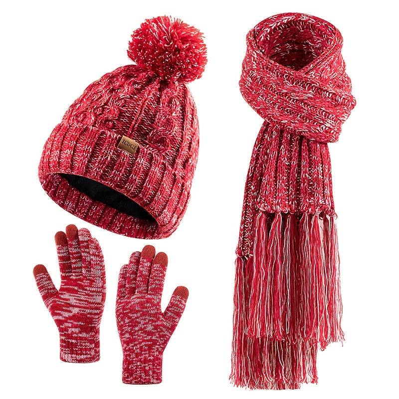 Elegant Women's Winter Knit Set: Beige Pom-Pom Hat, Tassel Scarf & Touchscreen Gloves - Fleece-Lined for Extra Warmth, Ideal Christmas & Thanksgiving Gift