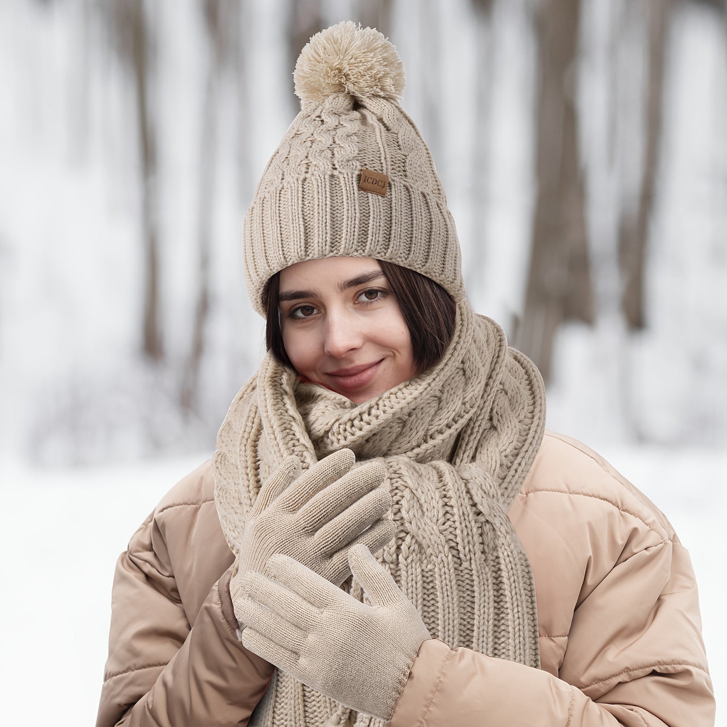 Elegant Women's Winter Knit Set: Beige Pom-Pom Hat, Tassel Scarf & Touchscreen Gloves - Fleece-Lined for Extra Warmth, Ideal Christmas & Thanksgiving Gift