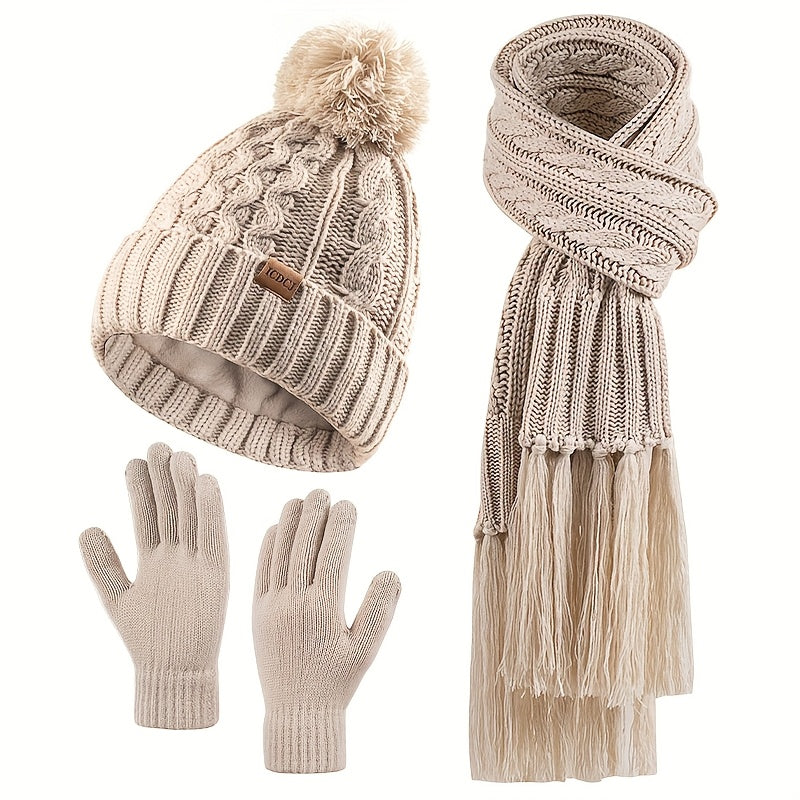 Elegant Women's Winter Knit Set: Beige Pom-Pom Hat, Tassel Scarf & Touchscreen Gloves - Fleece-Lined for Extra Warmth, Ideal Christmas & Thanksgiving Gift