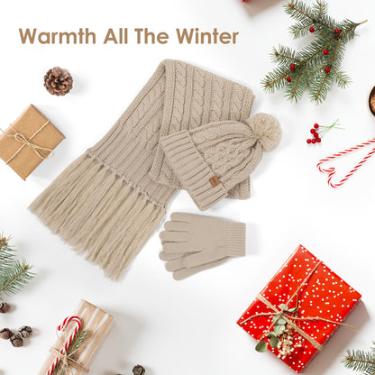 Elegant Women's Winter Knit Set: Beige Pom-Pom Hat, Tassel Scarf & Touchscreen Gloves - Fleece-Lined for Extra Warmth, Ideal Christmas & Thanksgiving Gift