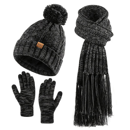 Elegant Women's Winter Knit Set: Beige Pom-Pom Hat, Tassel Scarf & Touchscreen Gloves - Fleece-Lined for Extra Warmth, Ideal Christmas & Thanksgiving Gift