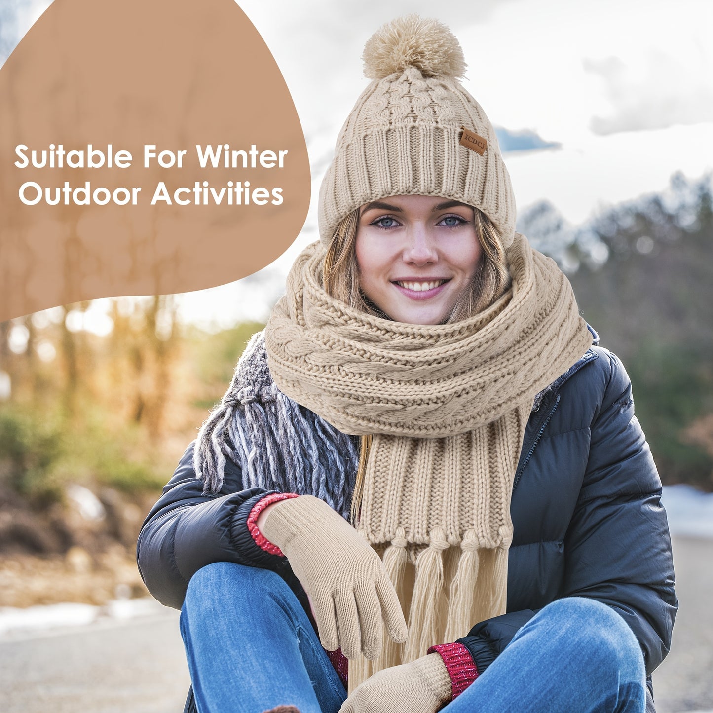 Elegant Women's Winter Knit Set: Beige Pom-Pom Hat, Tassel Scarf & Touchscreen Gloves - Fleece-Lined for Extra Warmth, Ideal Christmas & Thanksgiving Gift