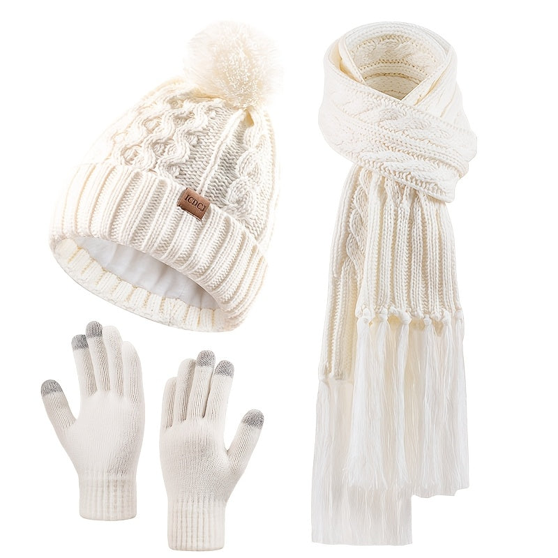 Elegant Women's Winter Knit Set: Beige Pom-Pom Hat, Tassel Scarf & Touchscreen Gloves - Fleece-Lined for Extra Warmth, Ideal Christmas & Thanksgiving Gift