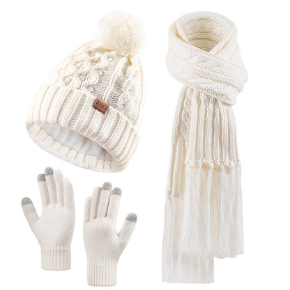 Elegant Women's Winter Knit Set: Beige Pom-Pom Hat, Tassel Scarf & Touchscreen Gloves - Fleece-Lined for Extra Warmth, Ideal Christmas & Thanksgiving Gift