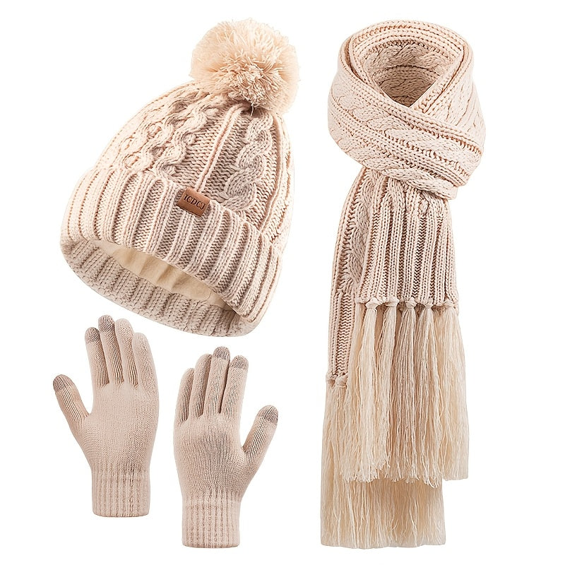 Elegant Women's Winter Knit Set: Beige Pom-Pom Hat, Tassel Scarf & Touchscreen Gloves - Fleece-Lined for Extra Warmth, Ideal Christmas & Thanksgiving Gift