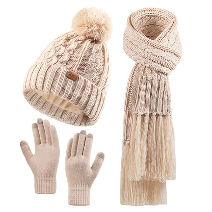 Elegant Women's Winter Knit Set: Beige Pom-Pom Hat, Tassel Scarf & Touchscreen Gloves - Fleece-Lined for Extra Warmth, Ideal Christmas & Thanksgiving Gift
