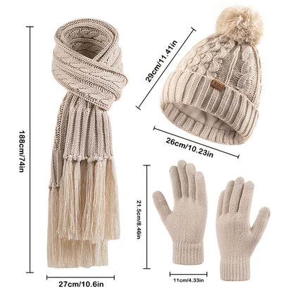 Elegant Women's Winter Knit Set: Beige Pom-Pom Hat, Tassel Scarf & Touchscreen Gloves - Fleece-Lined for Extra Warmth, Ideal Christmas & Thanksgiving Gift
