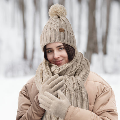 Elegant Women's Winter Knit Set: Beige Pom-Pom Hat, Tassel Scarf & Touchscreen Gloves - Fleece-Lined for Extra Warmth, Ideal Christmas & Thanksgiving Gift